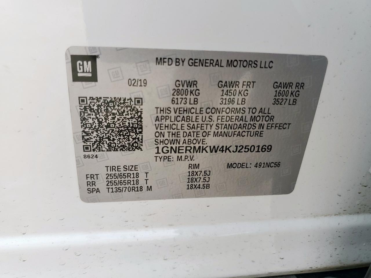 2019 Chevrolet Traverse Lt VIN: 1GNERMKW4KJ250169 Lot: 59145385