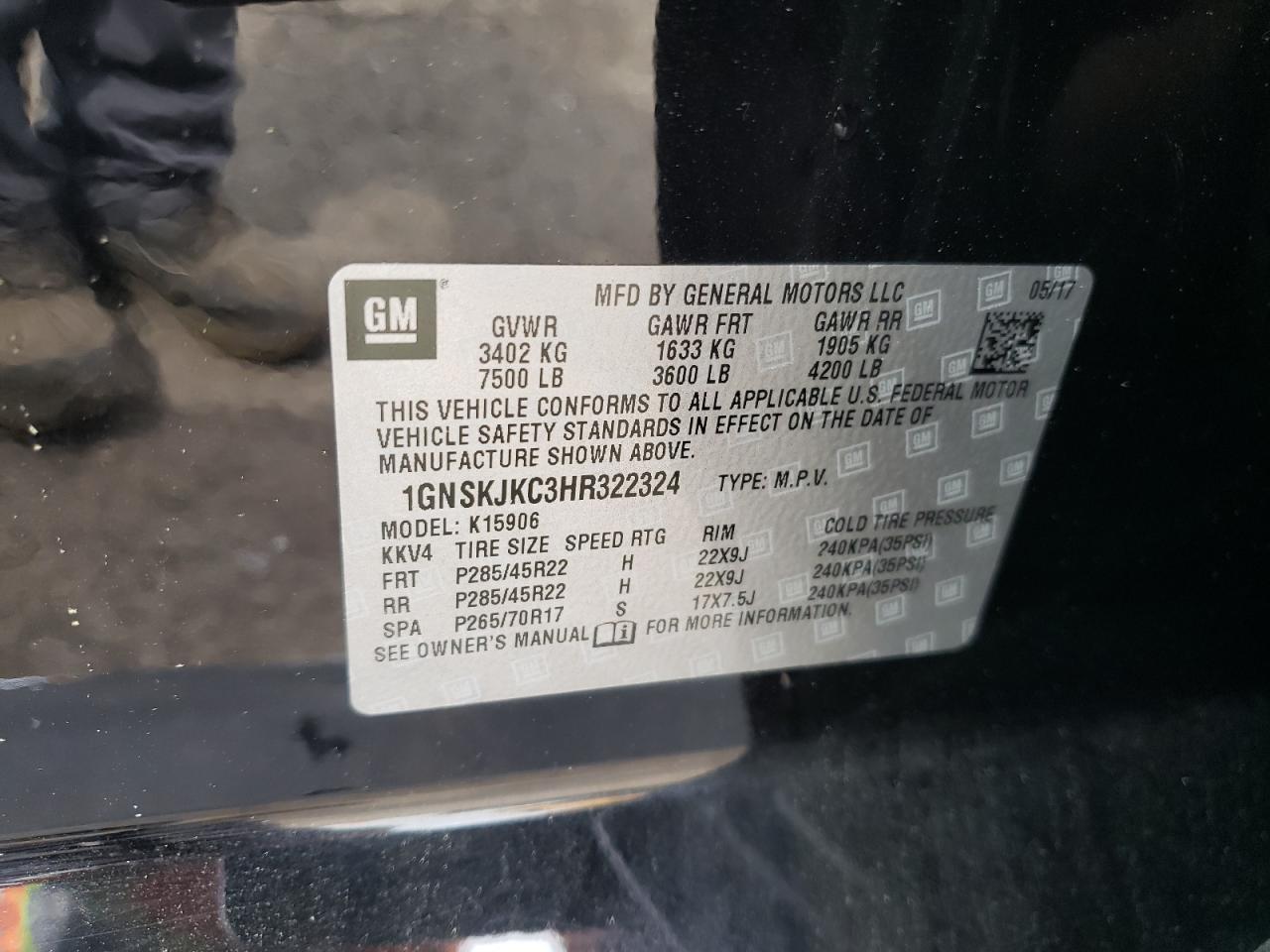 1GNSKJKC3HR322324 CHEVROLET SUBURBAN 2017