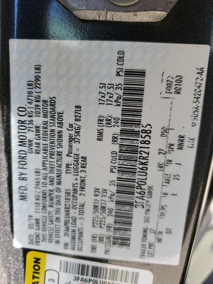 2019 Ford Fusion Se VIN: 3FA6P0LU6KR218585 Lot: 55289675