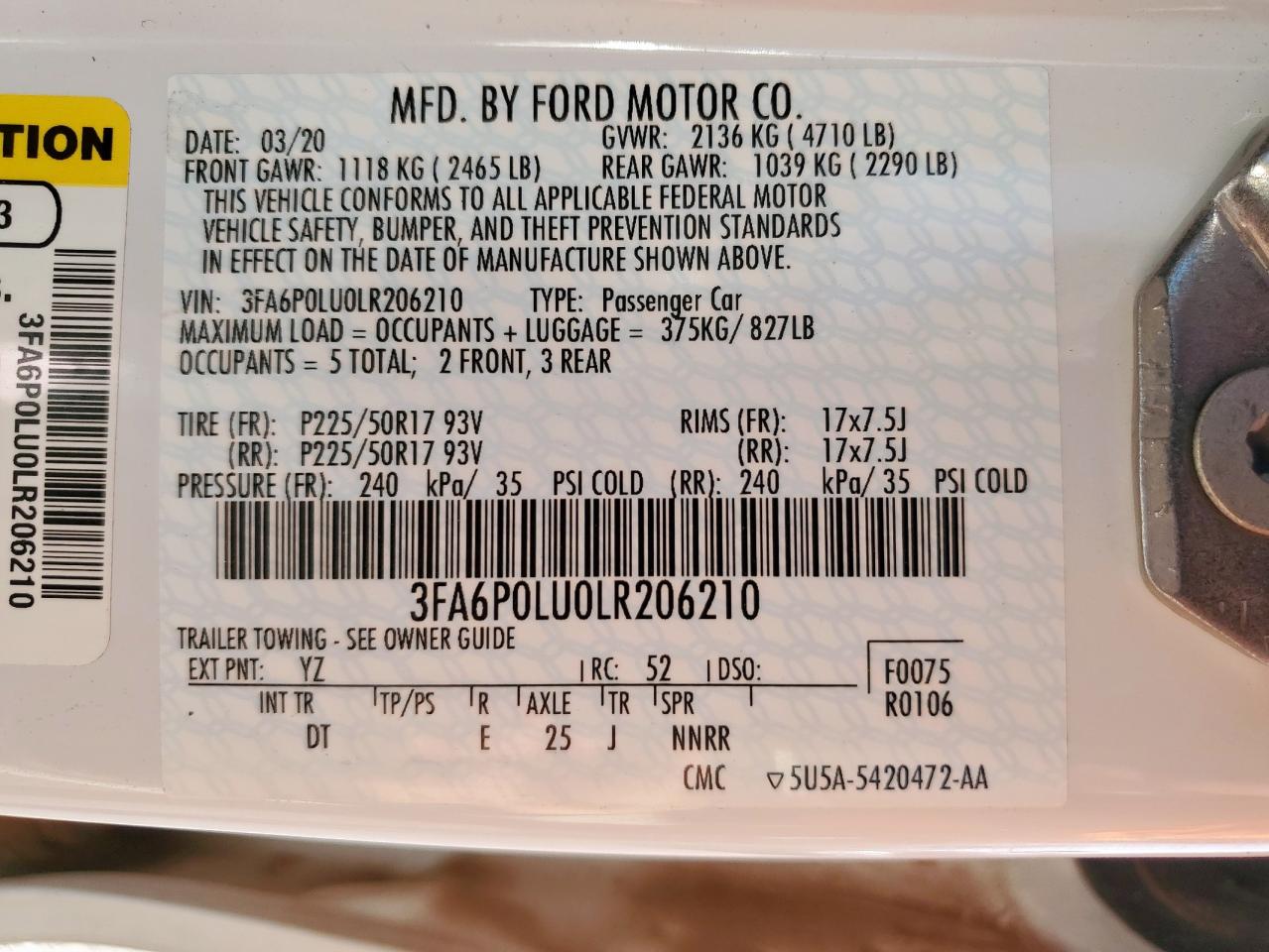 2020 Ford Fusion Se VIN: 3FA6P0LU0LR206210 Lot: 54023155