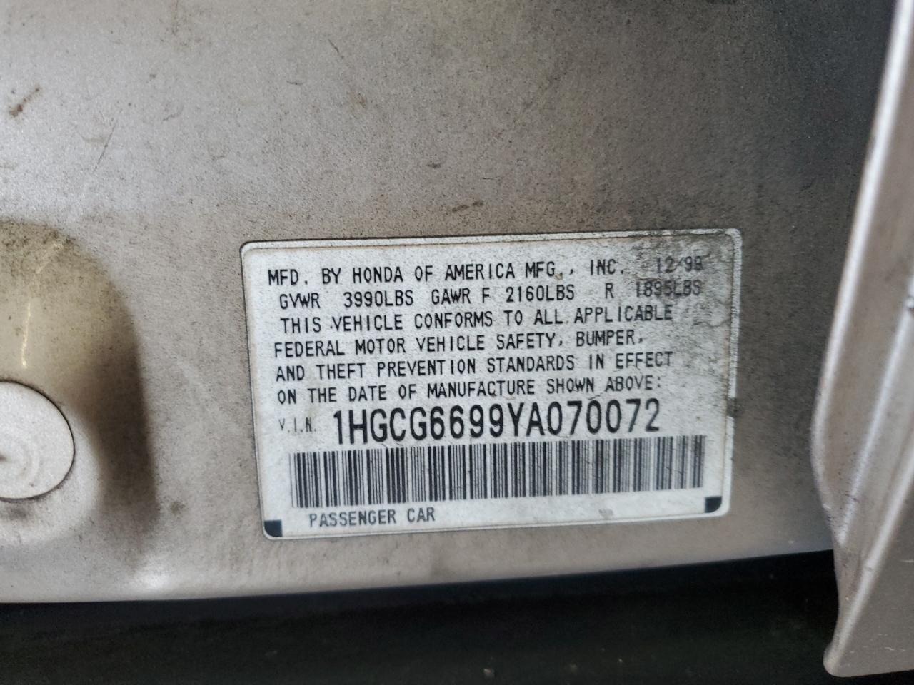 2000 Honda Accord Se VIN: 1HGCG6699YA070072 Lot: 57047805