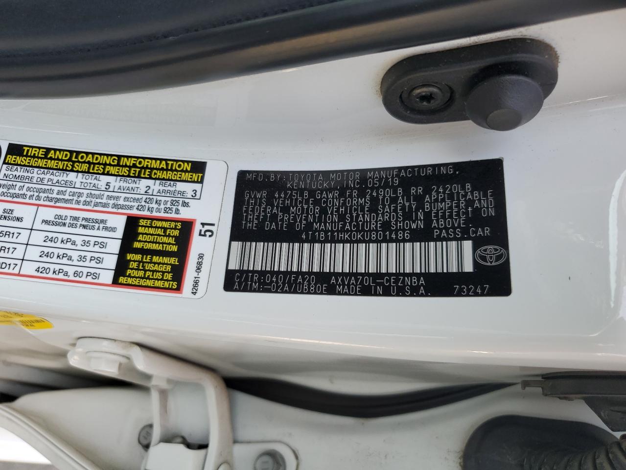 2019 Toyota Camry L VIN: 4T1B11HK0KU801486 Lot: 55758995