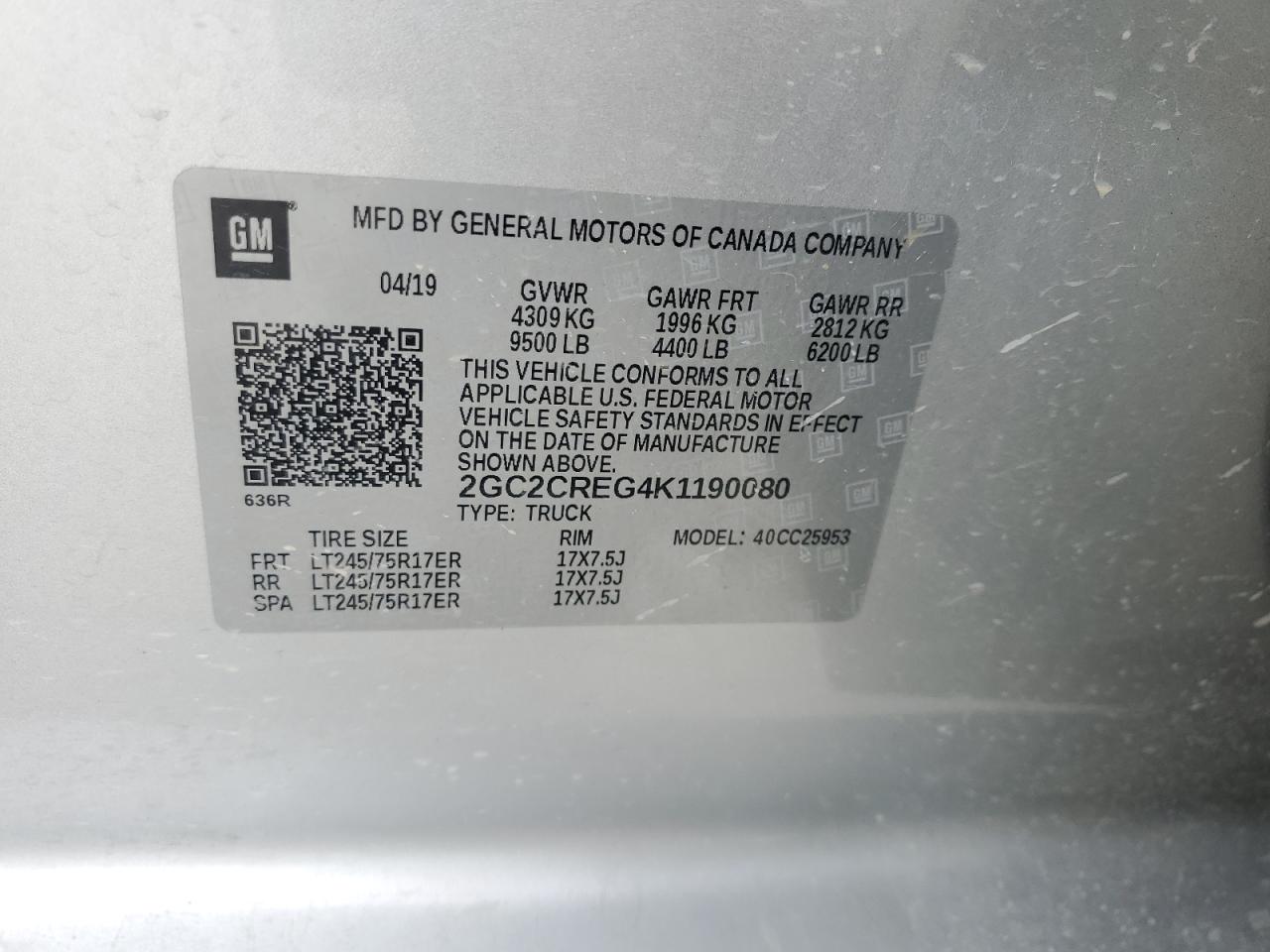 2019 Chevrolet Silverado C2500 Heavy Duty VIN: 2GC2CREG4K1190080 Lot: 56369635