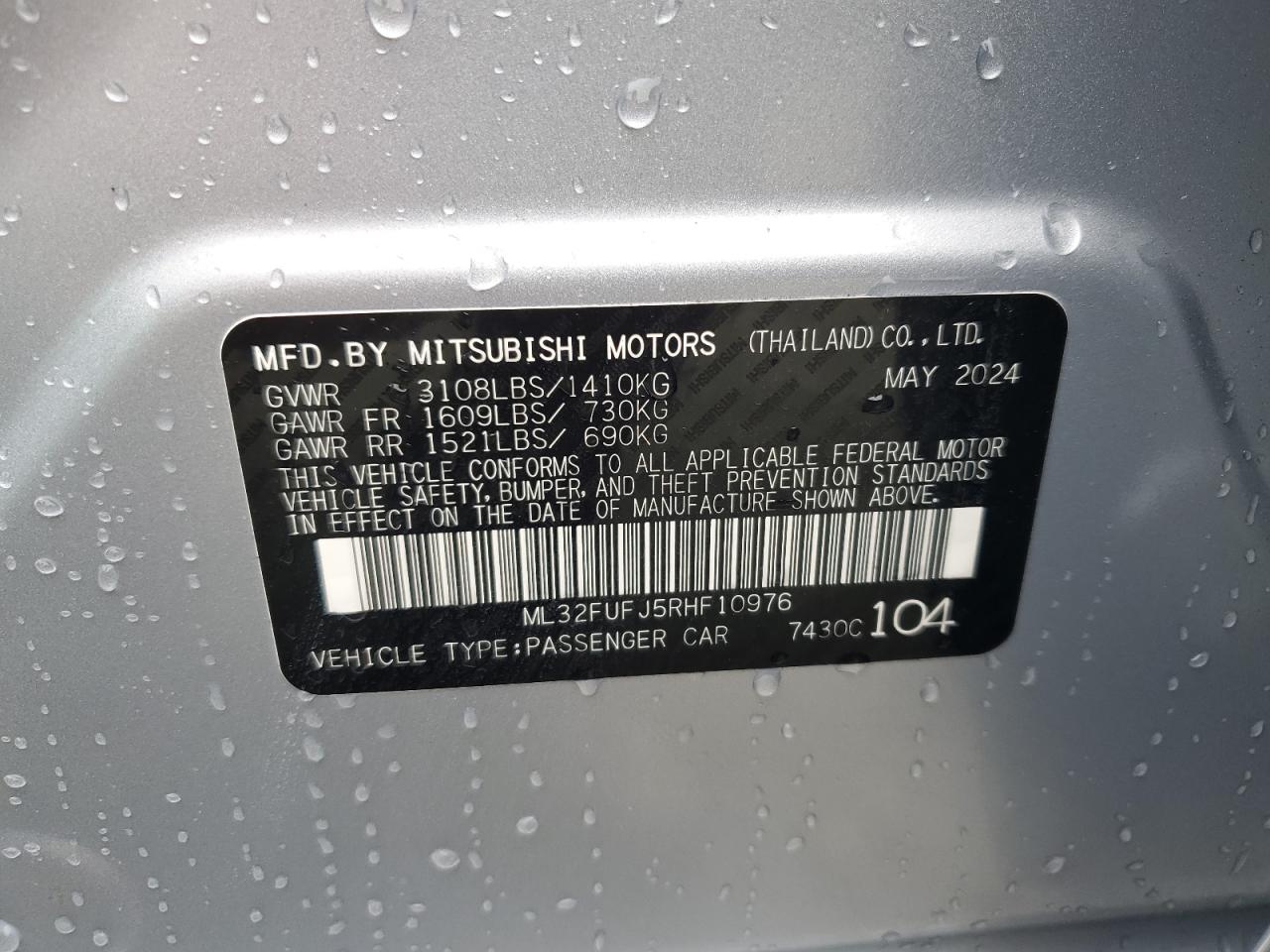 2024 Mitsubishi Mirage G4 Es VIN: ML32FUFJ5RHF10976 Lot: 59024585
