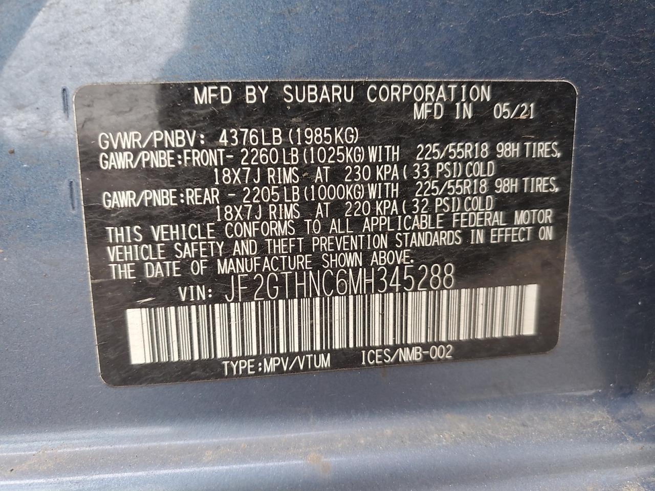2021 Subaru Crosstrek Limited VIN: JF2GTHNC6MH345288 Lot: 55858075