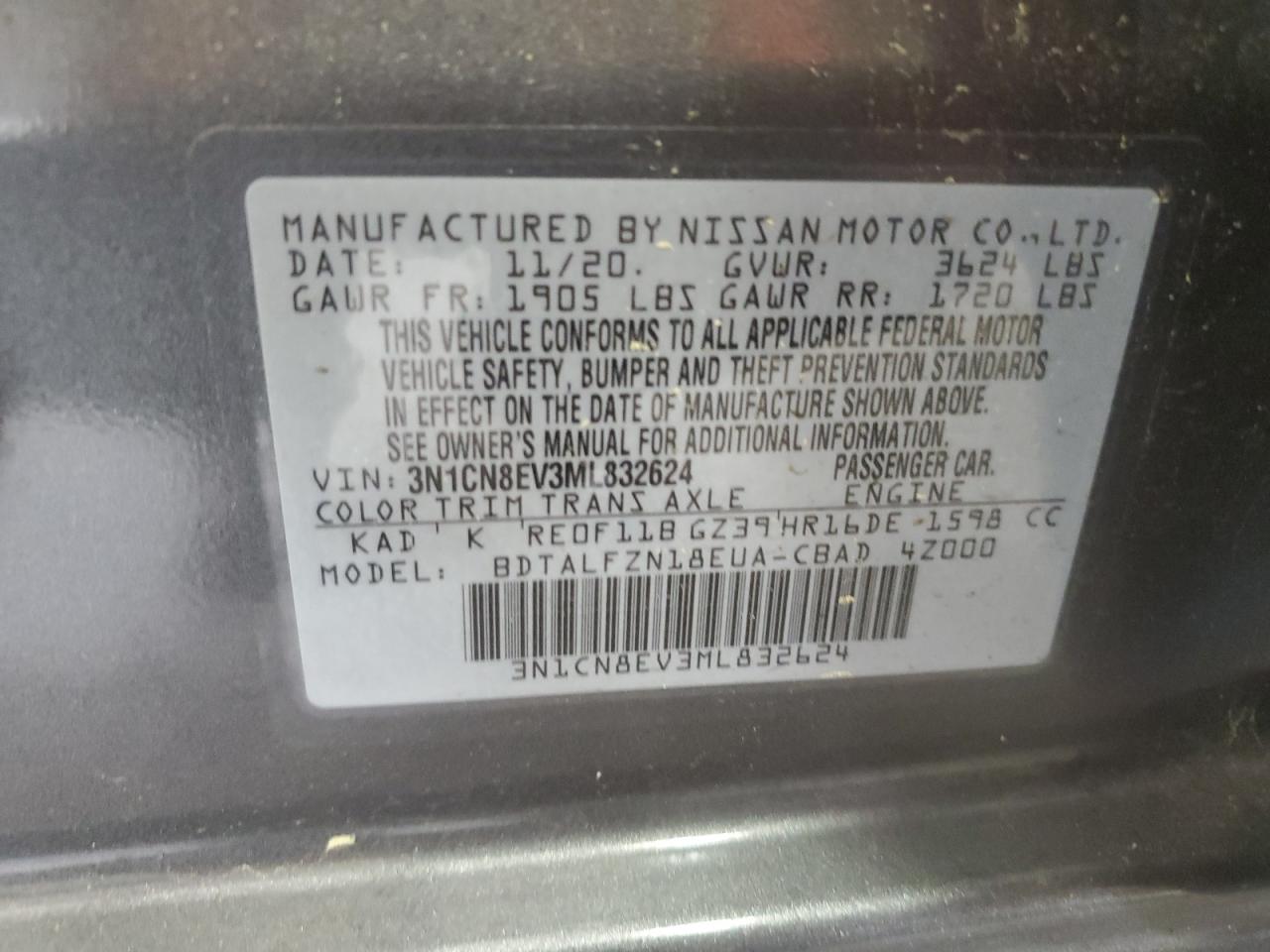 2021 Nissan Versa Sv VIN: 3N1CN8EV3ML832624 Lot: 56819295