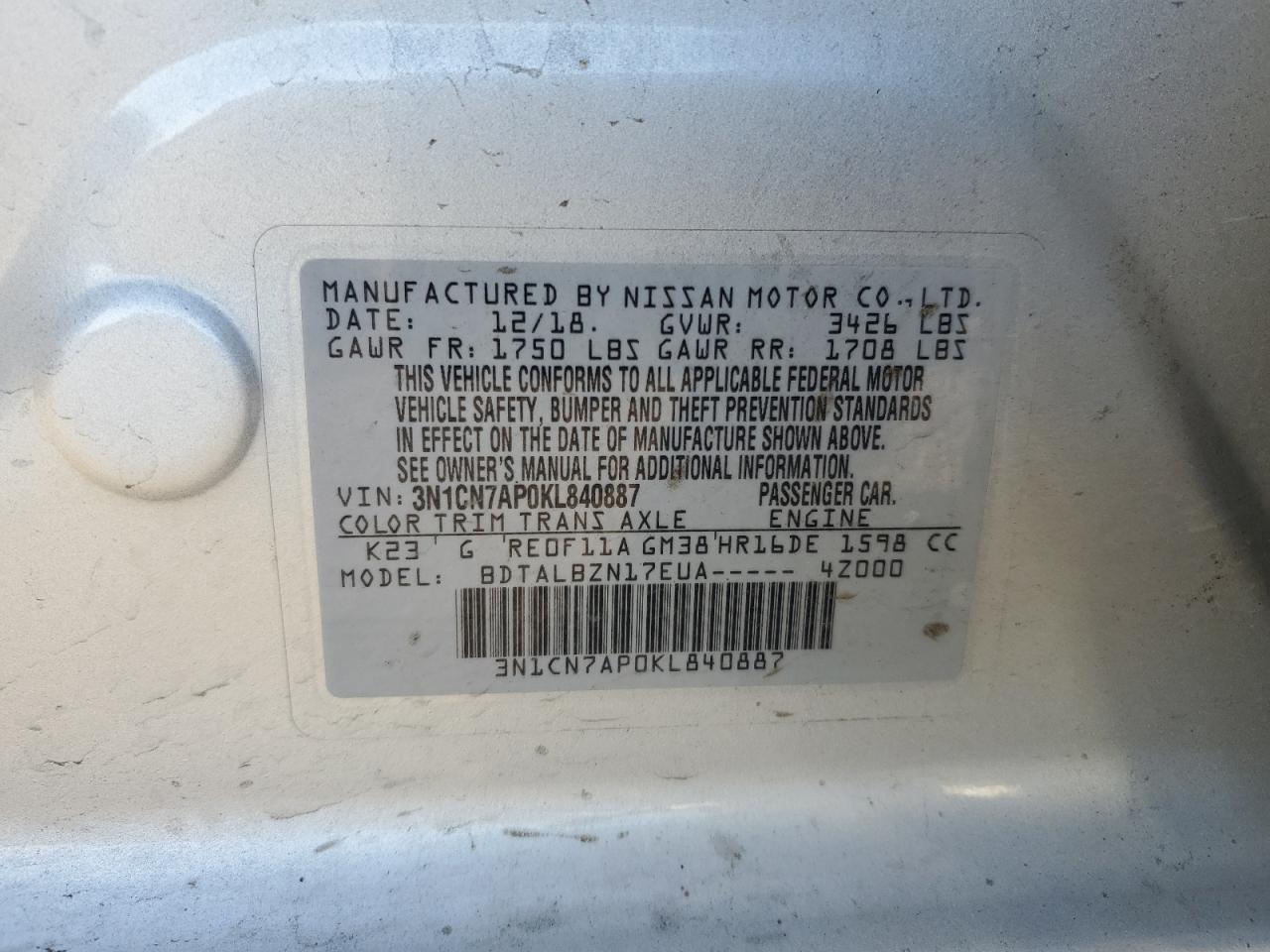 2019 Nissan Versa S VIN: 3N1CN7AP0KL840887 Lot: 56193595