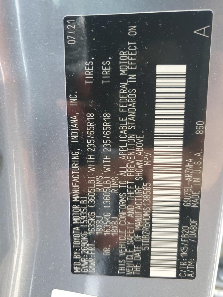 2021 Toyota Highlander L VIN: 5TDBZRBH0MS138565 Lot: 56910965
