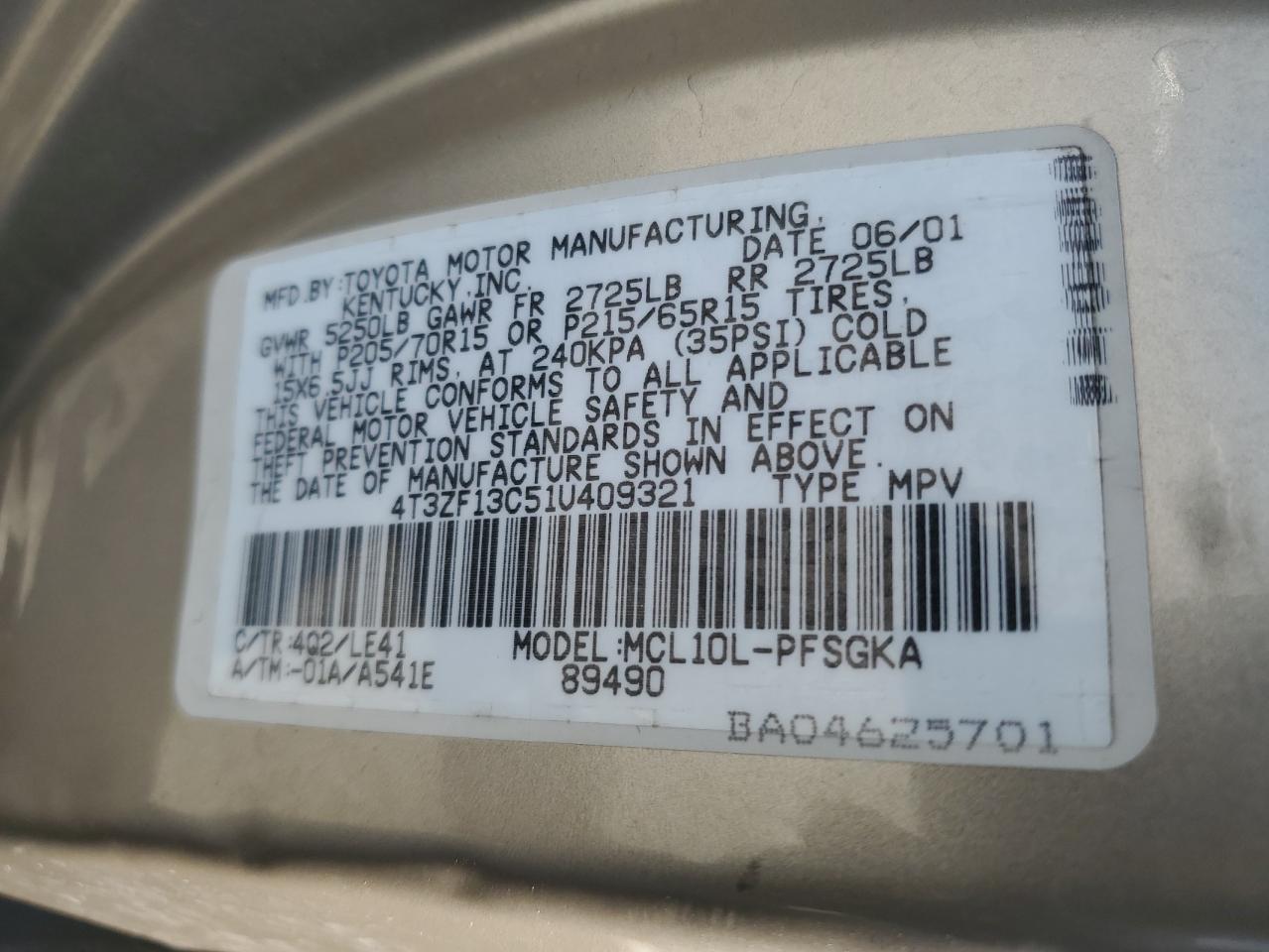 2001 Toyota Sienna Le VIN: 4T3ZF13C51U409321 Lot: 56232605