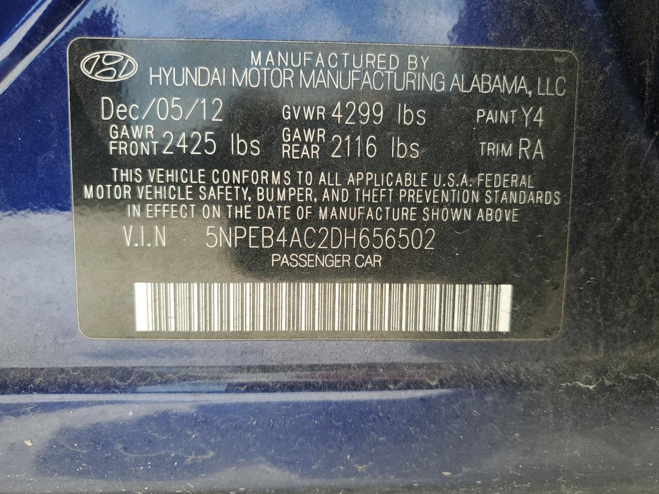 2013 Hyundai Sonata Gls VIN: 5NPEB4AC2DH656502 Lot: 58185735