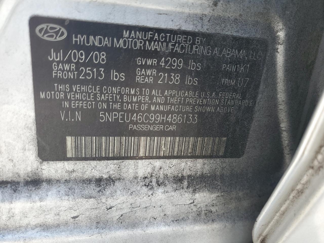 2009 Hyundai Sonata Se VIN: 5NPEU46C99H486133 Lot: 57620775