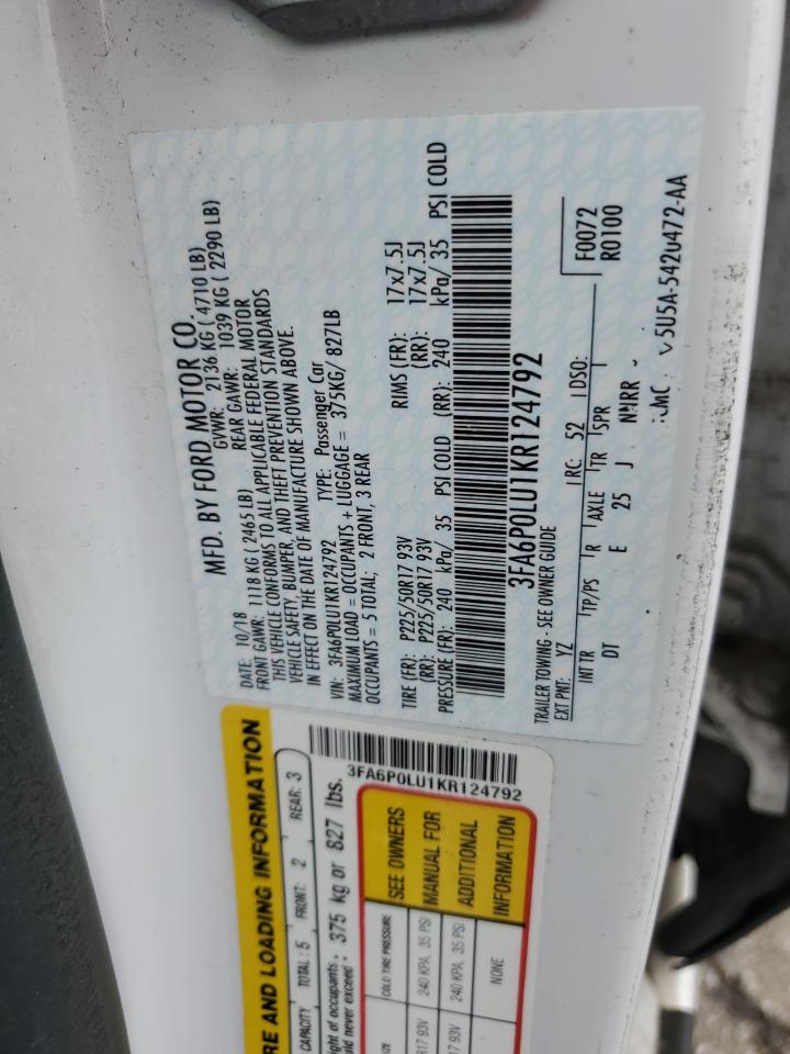 2019 Ford Fusion Se VIN: 3FA6P0LU1KR124792 Lot: 56827035