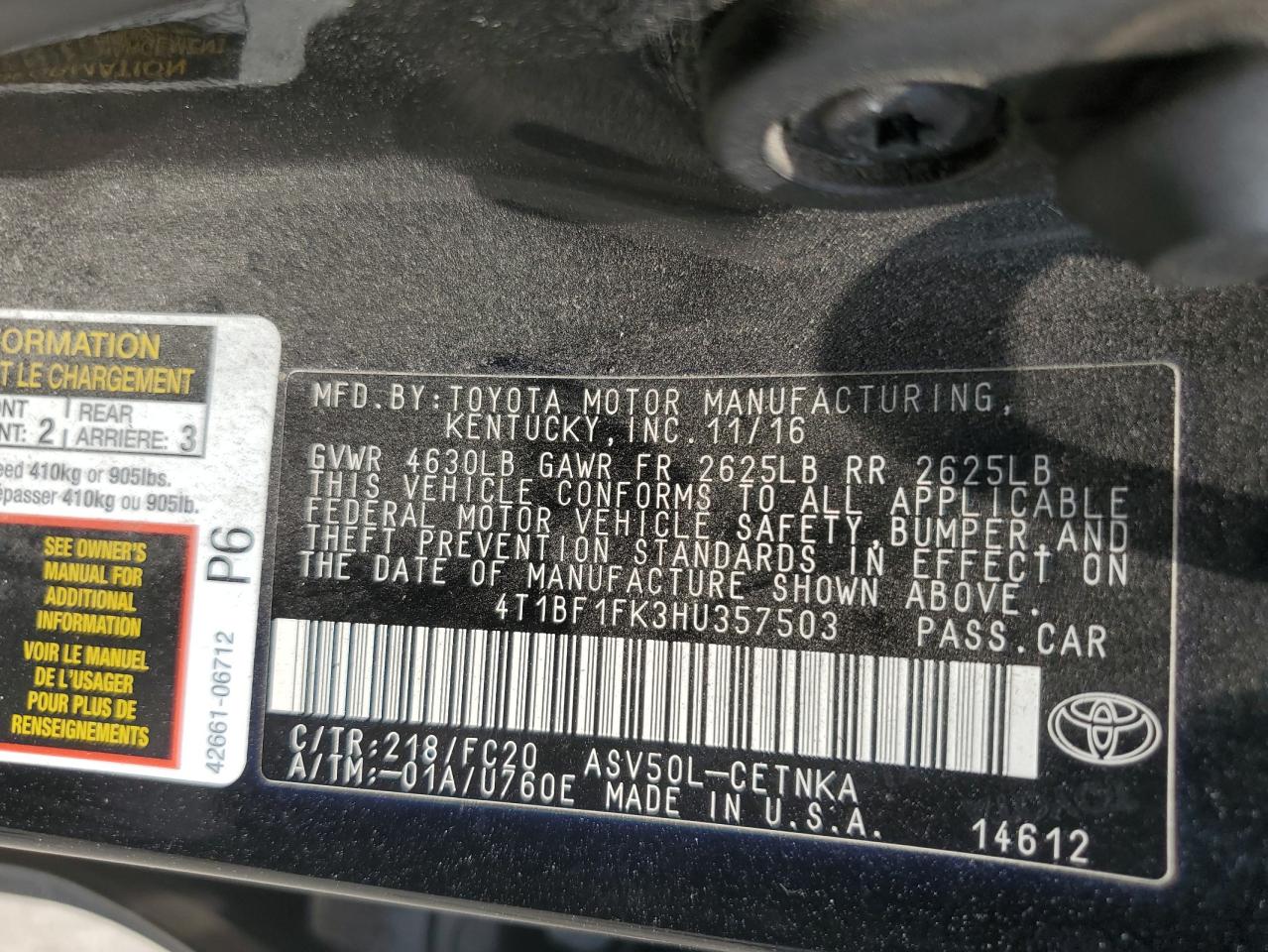 2017 Toyota Camry Le VIN: 4T1BF1FK3HU357503 Lot: 55828035