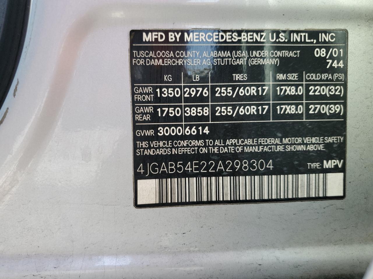 2002 Mercedes-Benz Ml 320 VIN: 4JGAB54E22A298304 Lot: 58553145