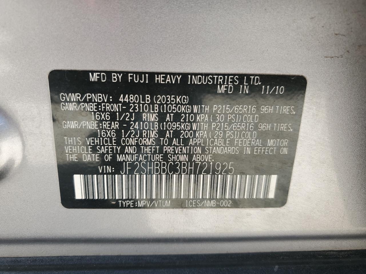 2011 Subaru Forester 2.5X VIN: JF2SHBBC3BH721925 Lot: 58913295