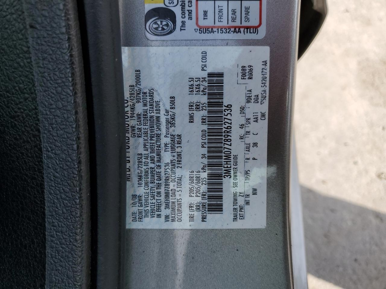 2009 Mercury Milan VIN: 3MEHM07Z89R627536 Lot: 55841295