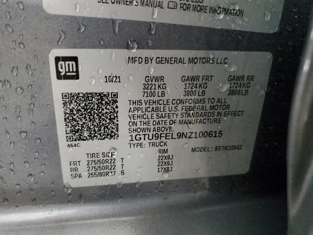 2022 GMC Sierra Limited K1500 Denali VIN: 1GTU9FEL9NZ100615 Lot: 57292095