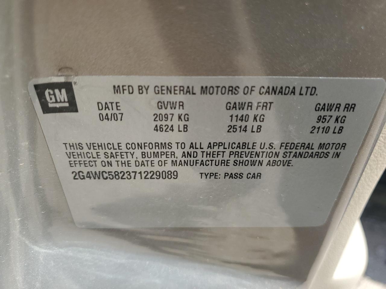 2007 Buick Lacrosse Cx VIN: 2G4WC582371229089 Lot: 56338265