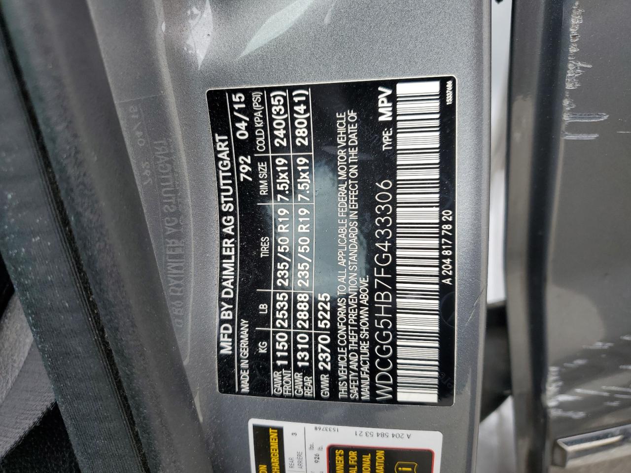 2015 Mercedes-Benz Glk 350 VIN: WDCGG5HB7FG433306 Lot: 56588585