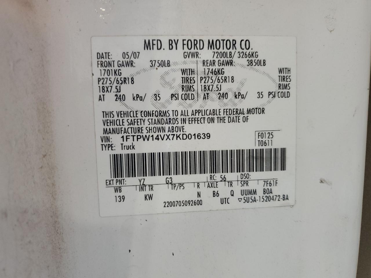 2007 Ford F150 Supercrew VIN: 1FTPW14VX7KD01639 Lot: 56706865