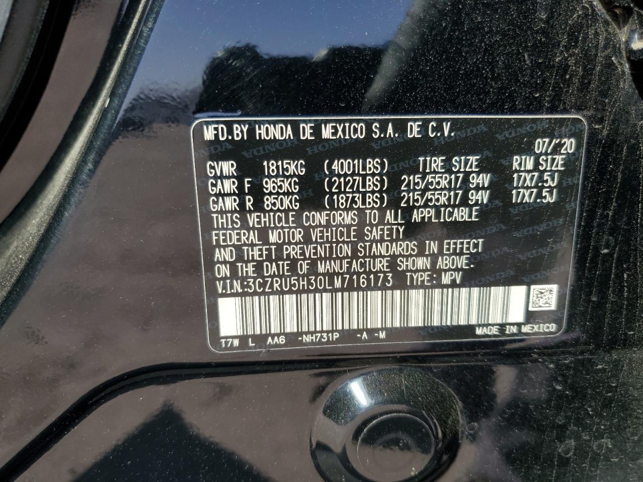 2020 Honda Hr-V Lx VIN: 3CZRU5H30LM716173 Lot: 57285725
