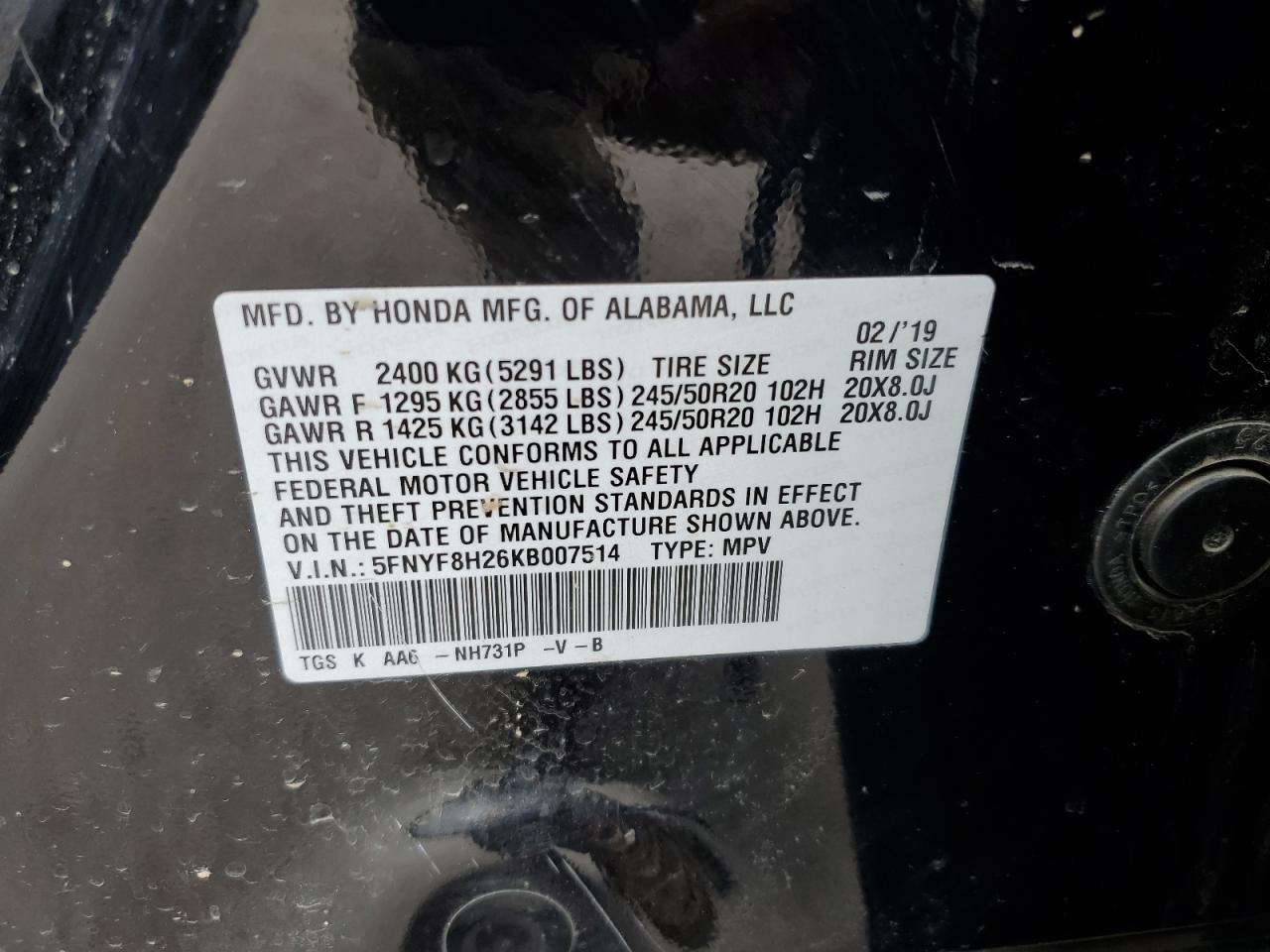 2019 Honda Passport Sport VIN: 5FNYF8H26KB007514 Lot: 58086245