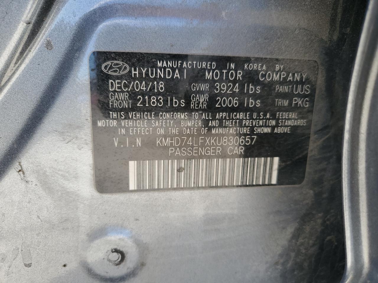2019 Hyundai Elantra Se VIN: KMHD74LFXKU830657 Lot: 57643125