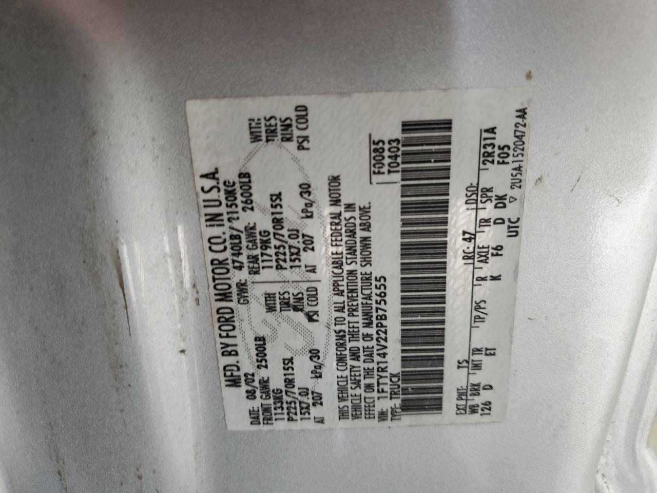 2002 Ford Ranger Super Cab VIN: 1FTYR14V22PB75655 Lot: 56776895