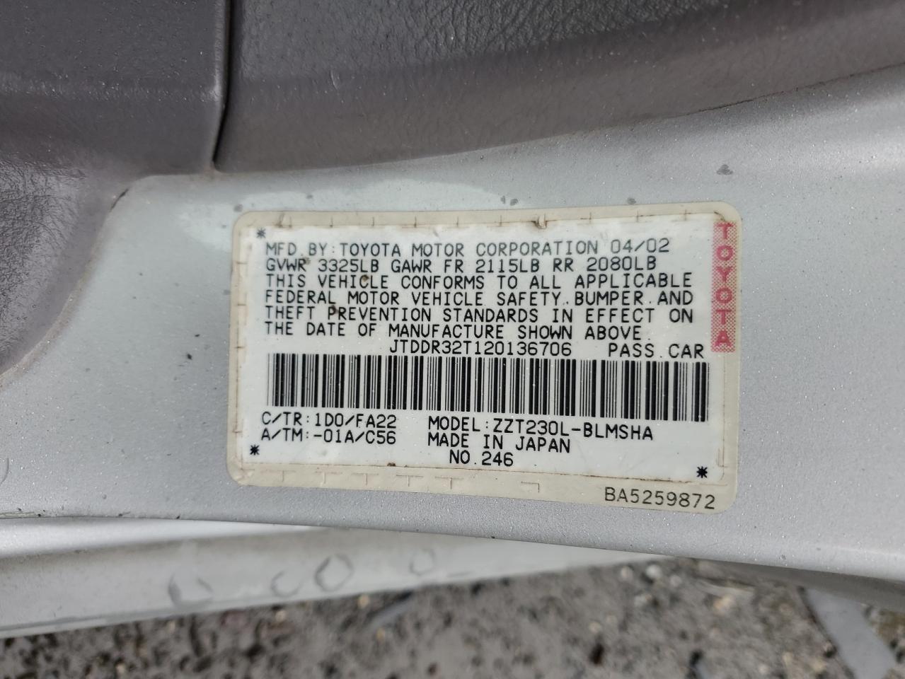 2002 Toyota Celica Gt VIN: JTDDR32T120136706 Lot: 56747865