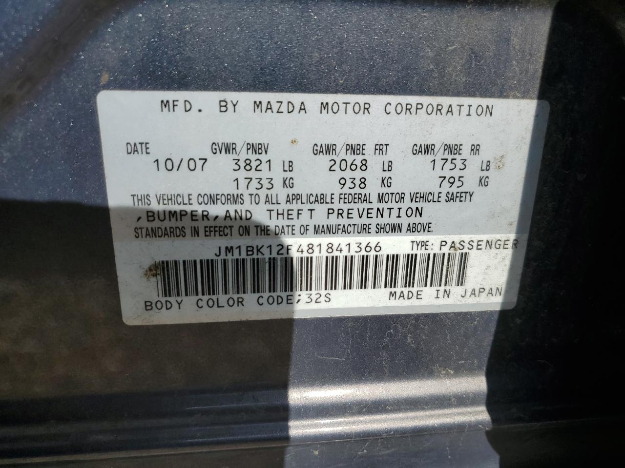 2008 Mazda 3 I VIN: JM1BK12F481841366 Lot: 56429015
