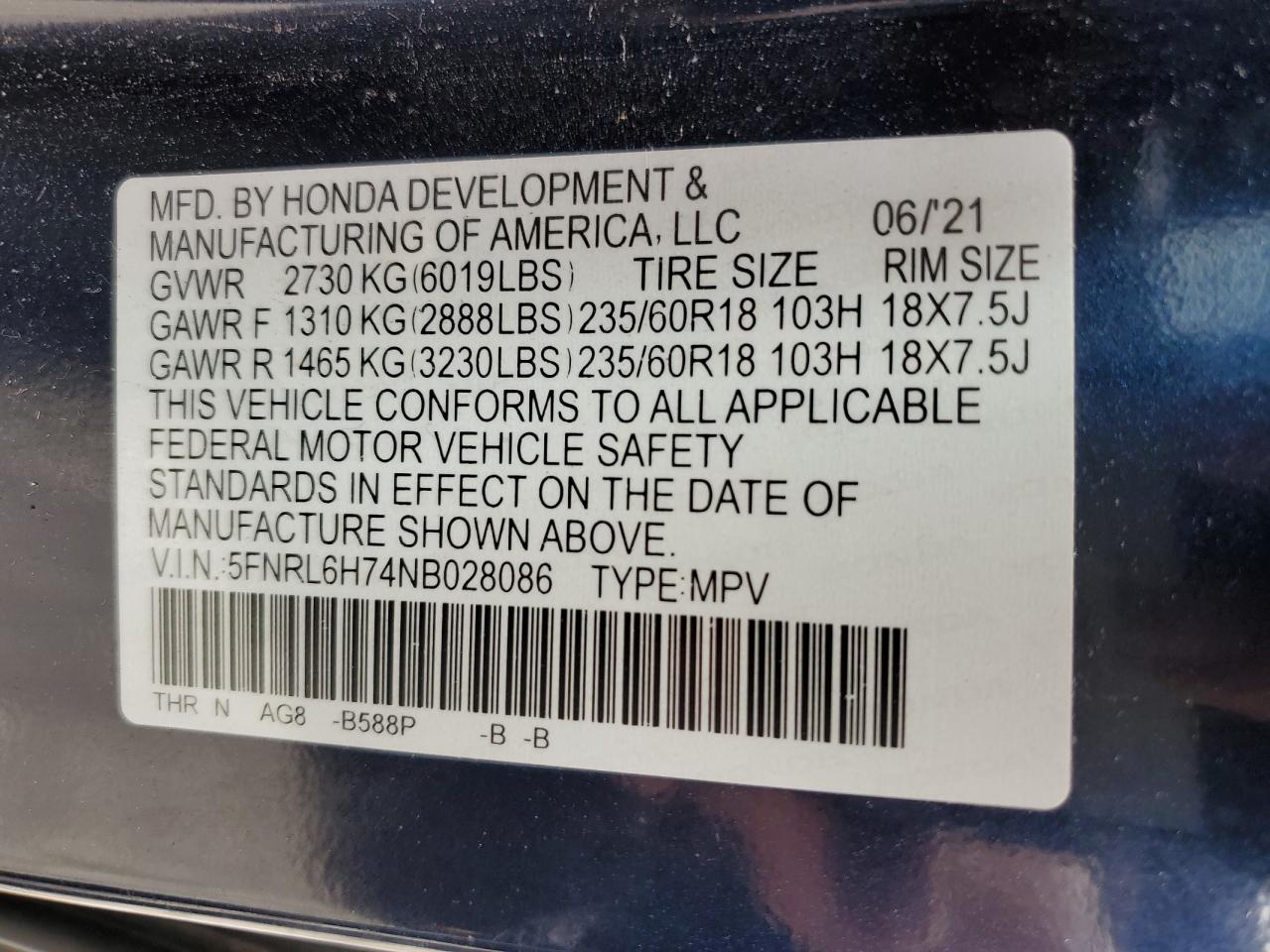 2022 Honda Odyssey Exl VIN: 5FNRL6H74NB028086 Lot: 56910685