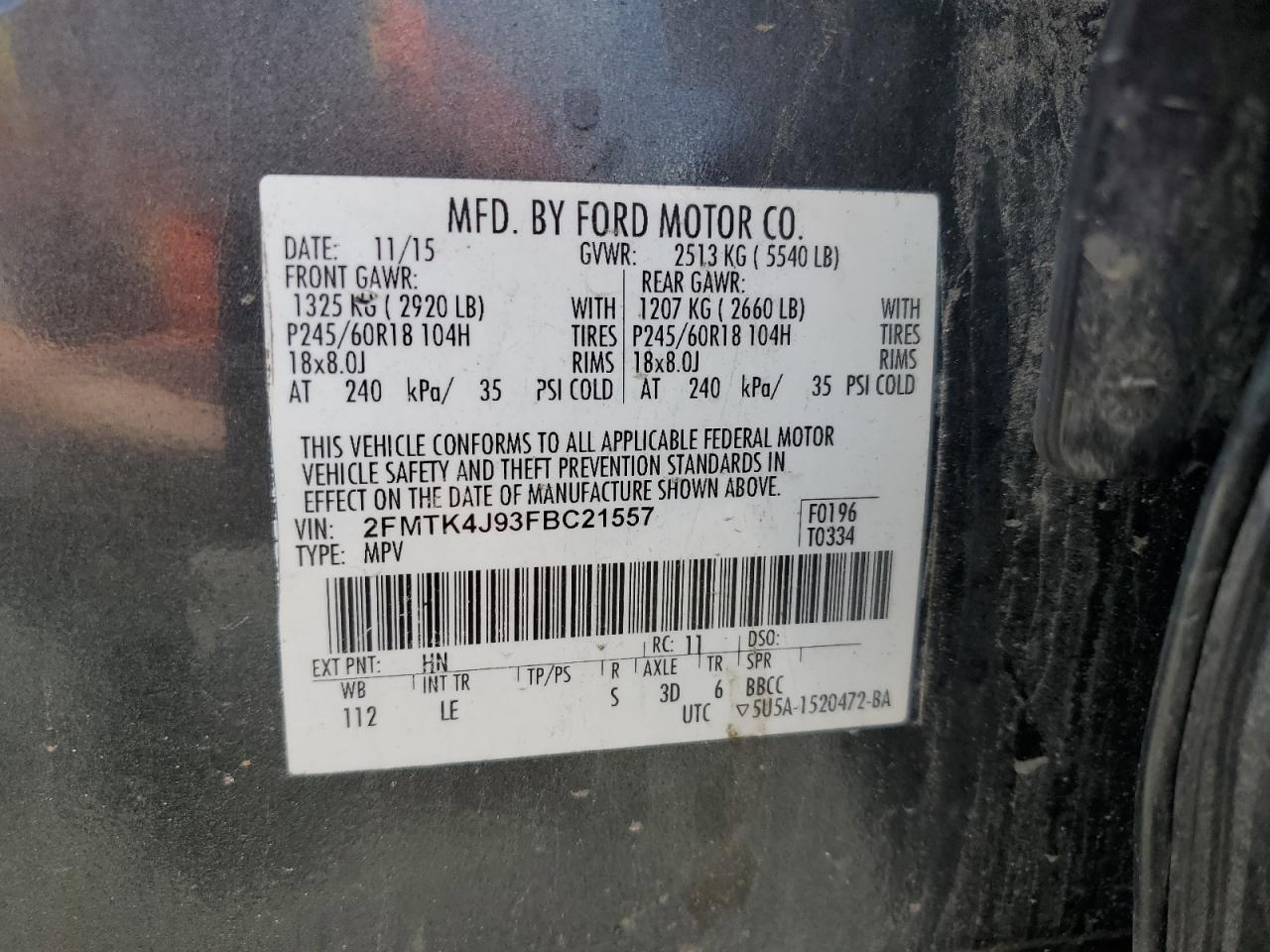 2015 Ford Edge Sel VIN: 2FMTK4J93FBC21557 Lot: 56878065