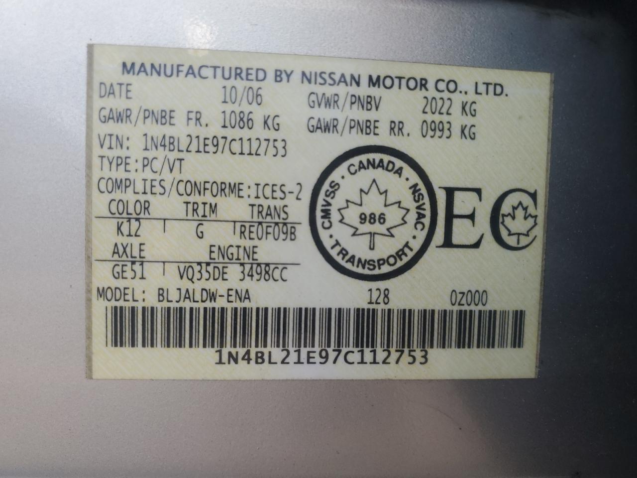 2007 Nissan Altima 3.5Se VIN: 1N4BL21E97C112753 Lot: 56858815
