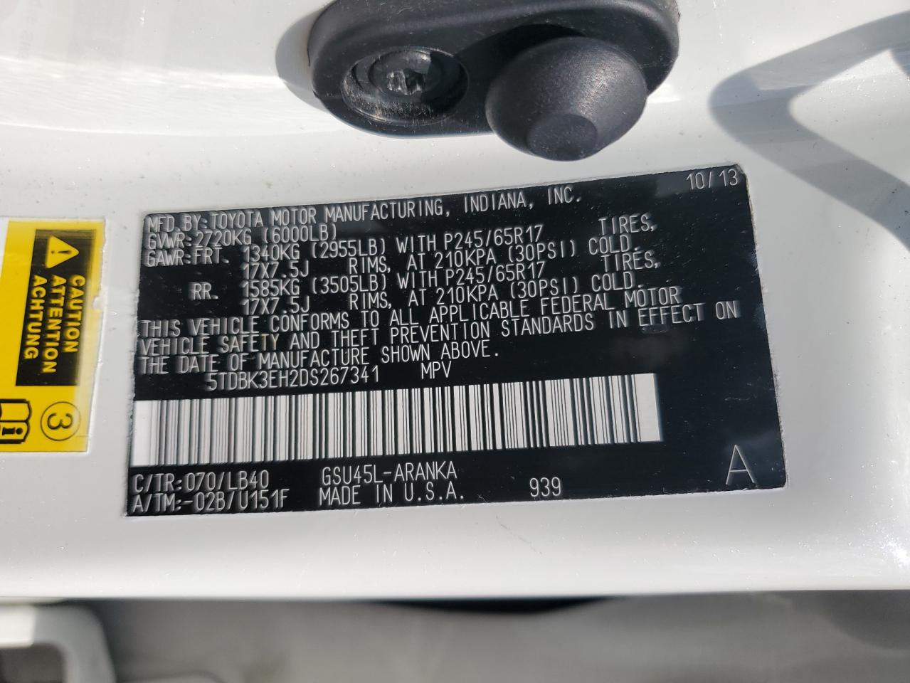 2013 Toyota Highlander Base VIN: 5TDBK3EH2DS267341 Lot: 57047225