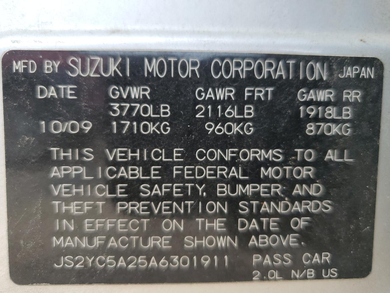 2010 Suzuki Sx4 Le VIN: JS2YC5A25A6301911 Lot: 56368265