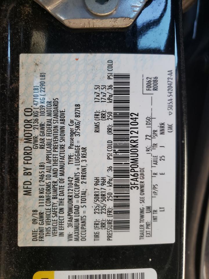 2019 Ford Fusion Sel VIN: 3FA6P0MU0KR121042 Lot: 55678985