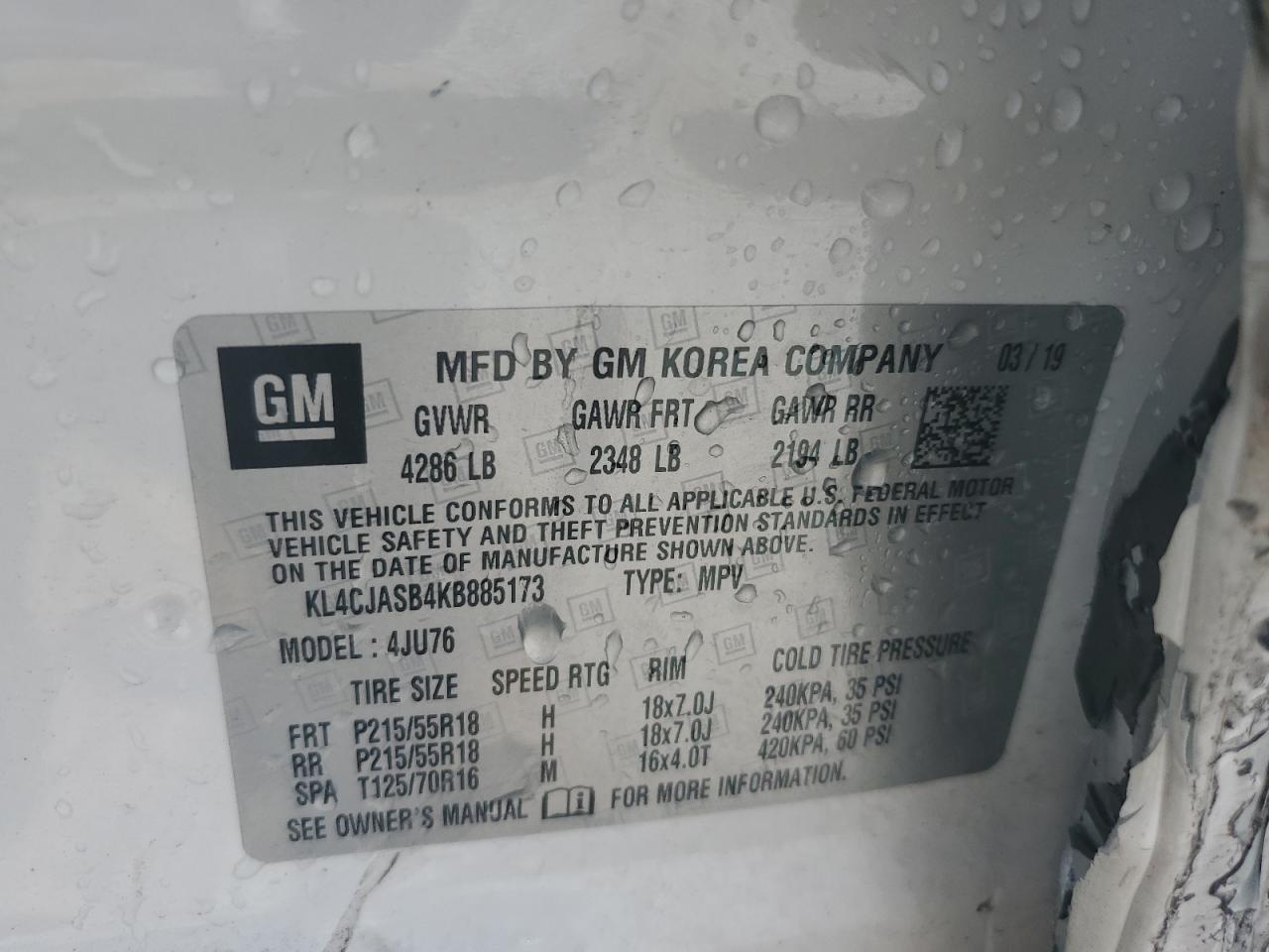 2019 Buick Encore Preferred VIN: KL4CJASB4KB885173 Lot: 55526595