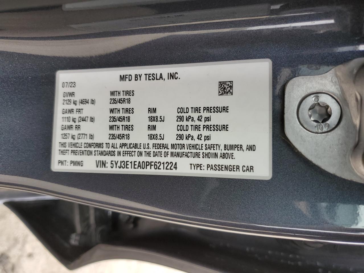 2023 Tesla Model 3 VIN: 5YJ3E1EA0PF621224 Lot: 57292105