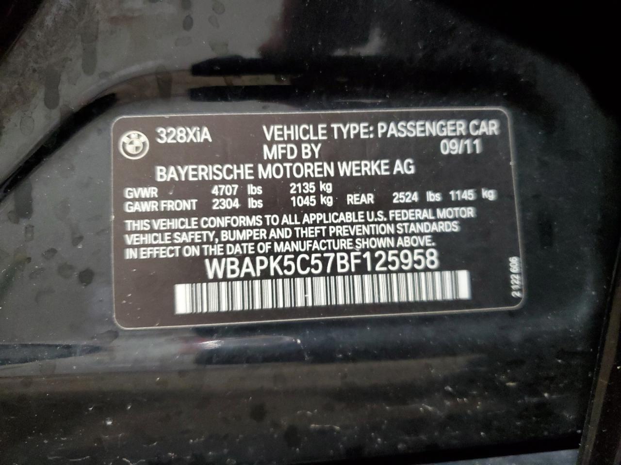 2011 BMW 328 Xi Sulev VIN: WBAPK5C57BF125958 Lot: 55773745