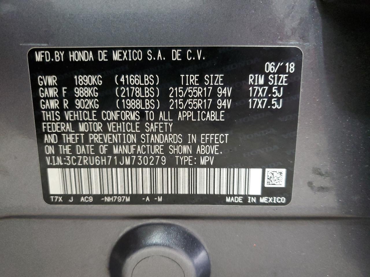 2018 Honda Hr-V Exl VIN: 3CZRU6H71JM730279 Lot: 57045685
