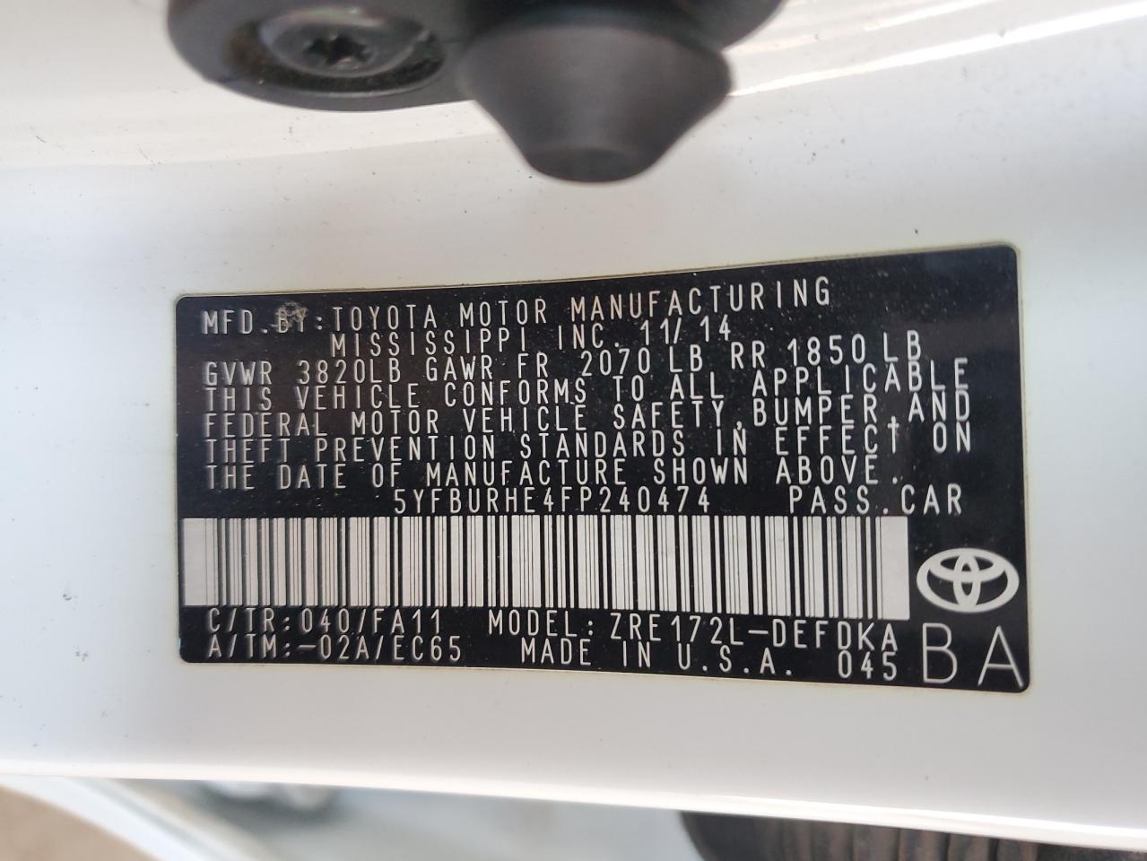 2015 Toyota Corolla L VIN: 5YFBURHE4FP240474 Lot: 56987995