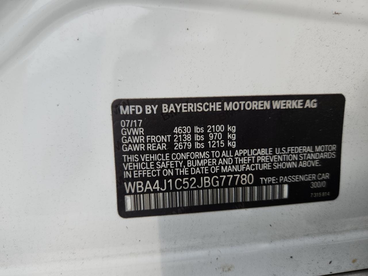 2018 BMW 430I Gran Coupe VIN: WBA4J1C52JBG77780 Lot: 57537235