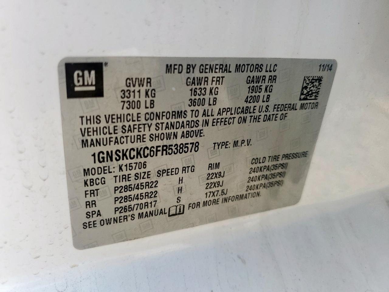 2015 Chevrolet Tahoe K1500 Ltz VIN: 1GNSKCKC6FR538578 Lot: 57574025