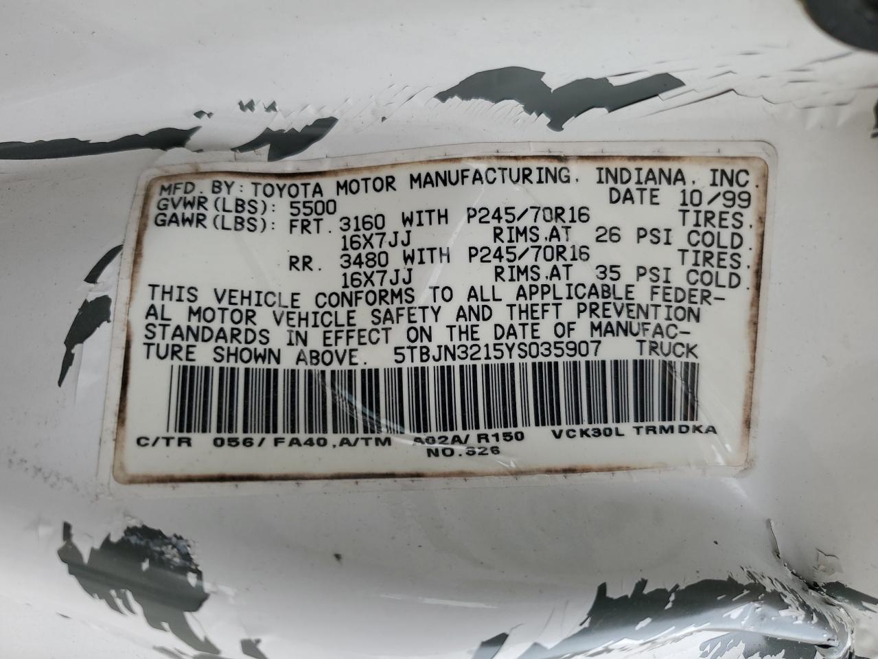 2000 Toyota Tundra VIN: 5TBJN3215YS035907 Lot: 55167095