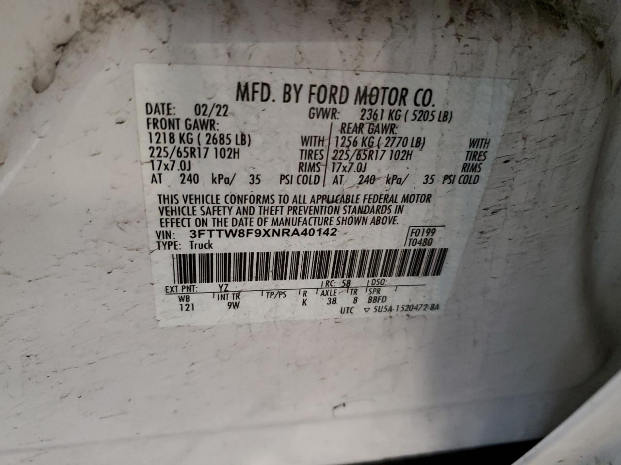 3FTTW8F9XNRA40142 FORD MAVERICK 2022