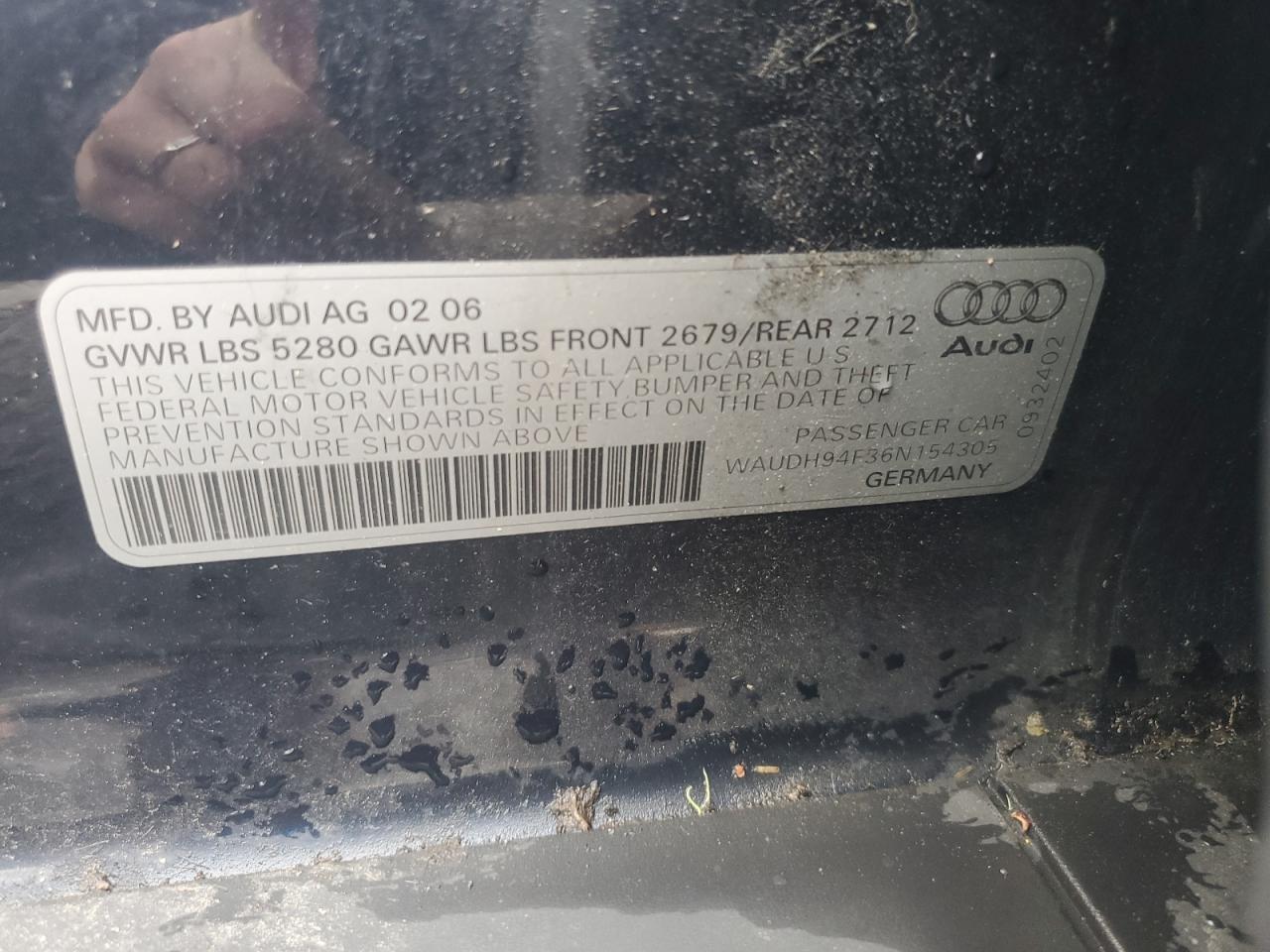 2006 Audi A6 3.2 Quattro VIN: WAUDH94F36N154305 Lot: 54775445