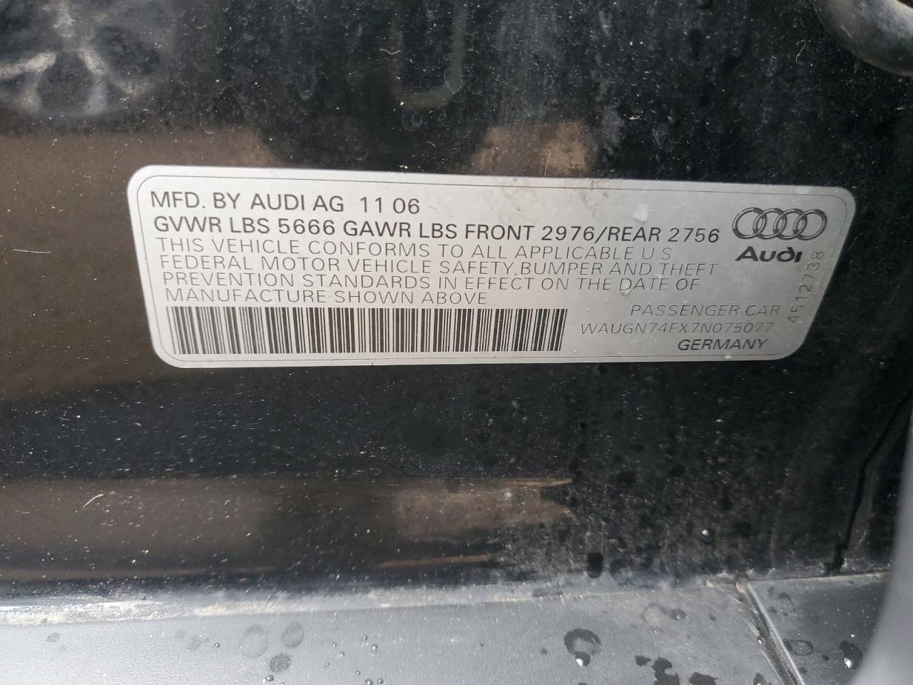 2007 Audi S6 Quattro VIN: WAUGN74FX7N075077 Lot: 55087875