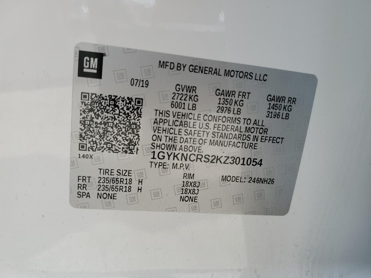 2019 Cadillac Xt5 Luxury VIN: 1GYKNCRS2KZ301054 Lot: 56201885