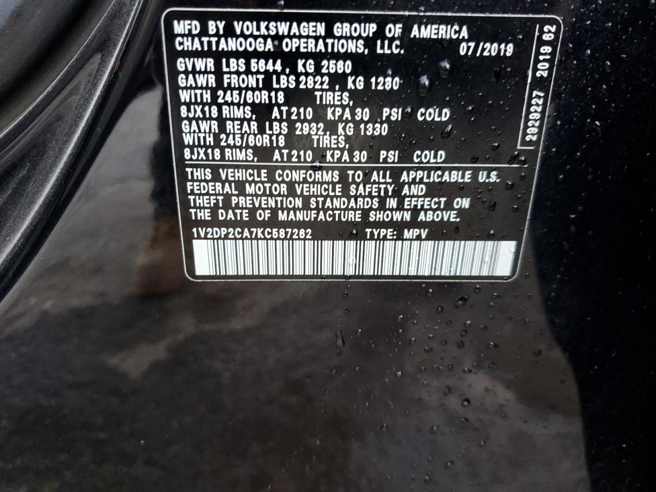 2019 Volkswagen Atlas Se VIN: 1V2DP2CA7KC587262 Lot: 56734915