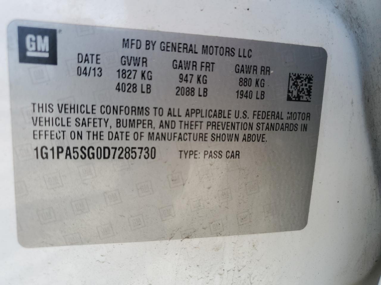2013 Chevrolet Cruze Ls VIN: 1G1PA5SG0D7285730 Lot: 57405255